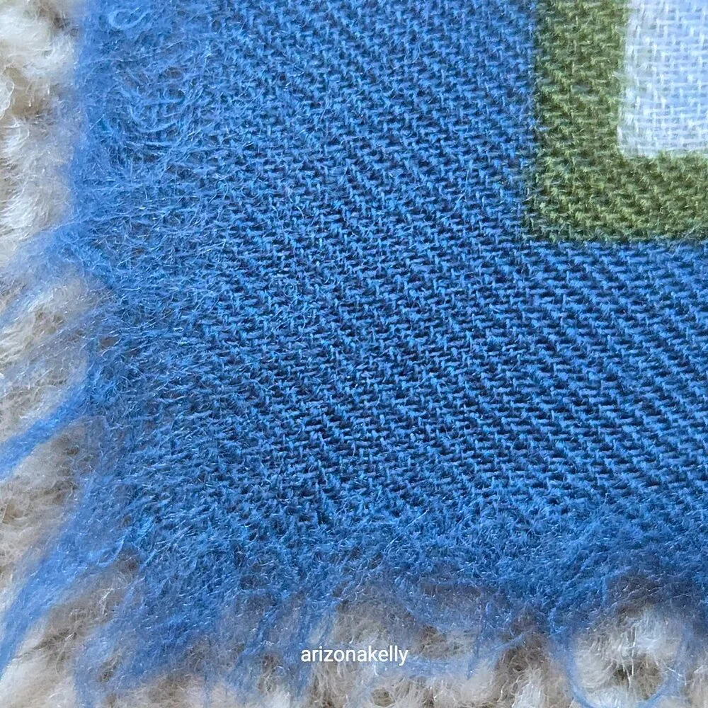 Square Wool Blue Scarf With Leaves and Flowers